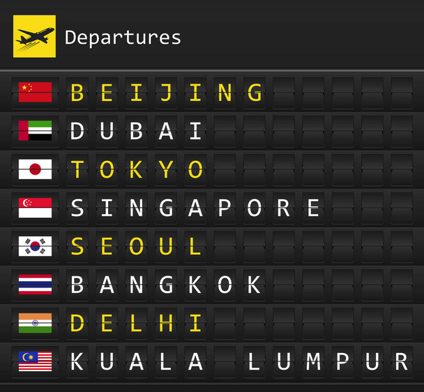 Tablero de la tabla de destinos de salidas de aviones a las principales ciudades de Asia con banderas nacionales
 - Vector, imagen