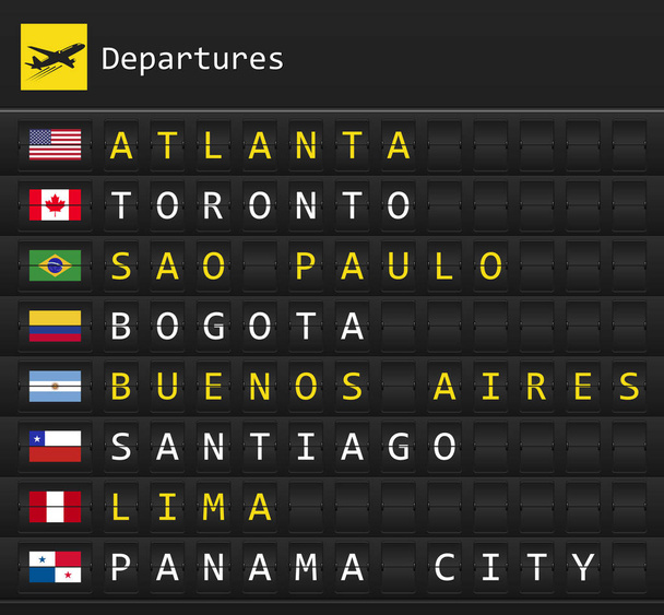 Placa de mesa de destino de partidas de avião para as principais cidades da América do Norte e do Sul com bandeiras nacionais postadas dentro
 - Vetor, Imagem