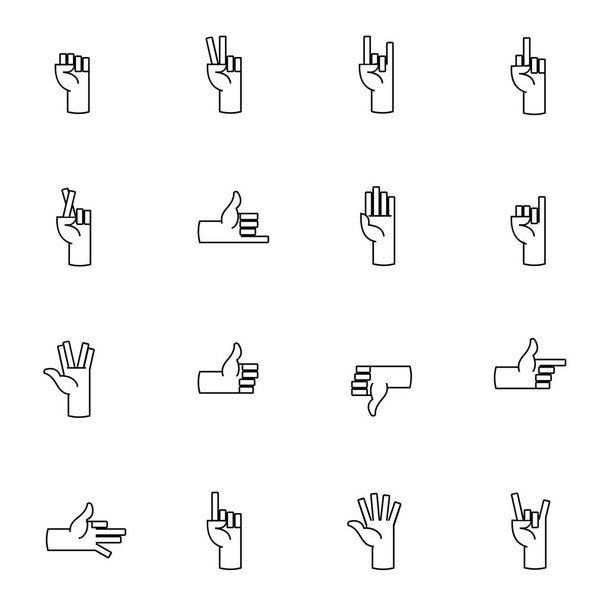 Les mains, les doigts alignent les icônes. Levez le pouce, genre, détestez, et d'autres éléments de mains. Panneaux linéaires minces Palm pour toile
. - Photo, image