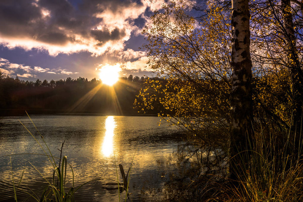 Lake landschap in de herfst, avondrood en zonnestralen over bos, silhouet van wilde natuur - Foto, afbeelding