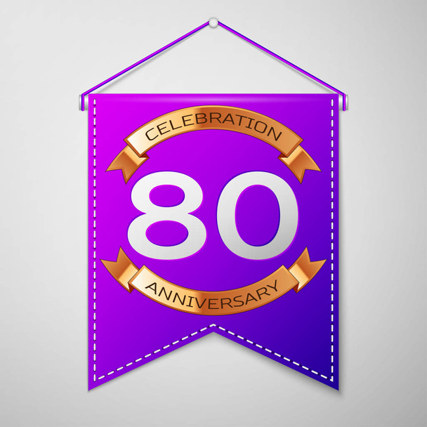 Realistické Purple vlajka s nápisem osmdesát let výročí oslav Design na šedém pozadí. Zlatá stuha. Barevné šablony prvků pro vaši narozeninovou oslavu. Vektorové ilustrace - Vektor, obrázek