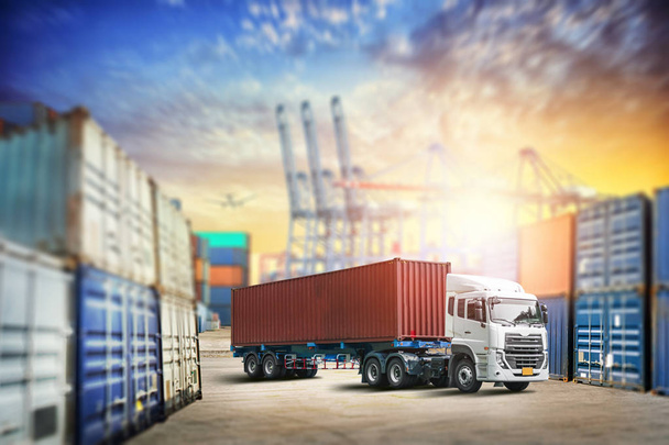 Cargo transportation unloading container trucks in warehouse logistics import export background - Photo, Image