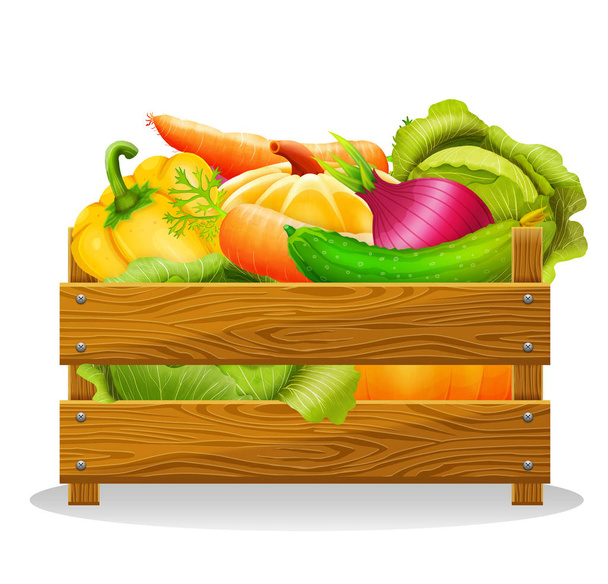 Wooden box with vegetables on white background  - Фото, изображение