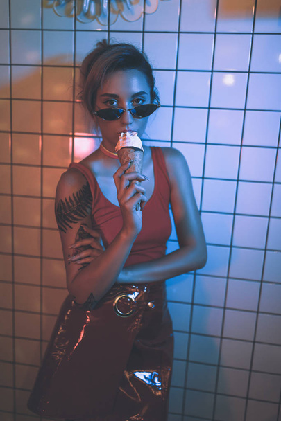 seductive girl eating ice cream - Photo, Image