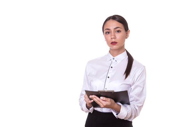 Business woman holding documents isolated on white background. - Zdjęcie, obraz