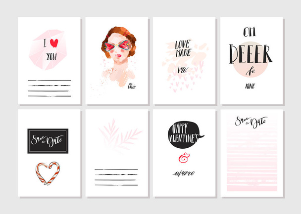 Hand made vector abstract graphic Save the Date unusual cards set collection in pink,black and white colors.Saint Valentines day collection.Unique cards design for Business,holidays,decoration,note. - Vector, Image
