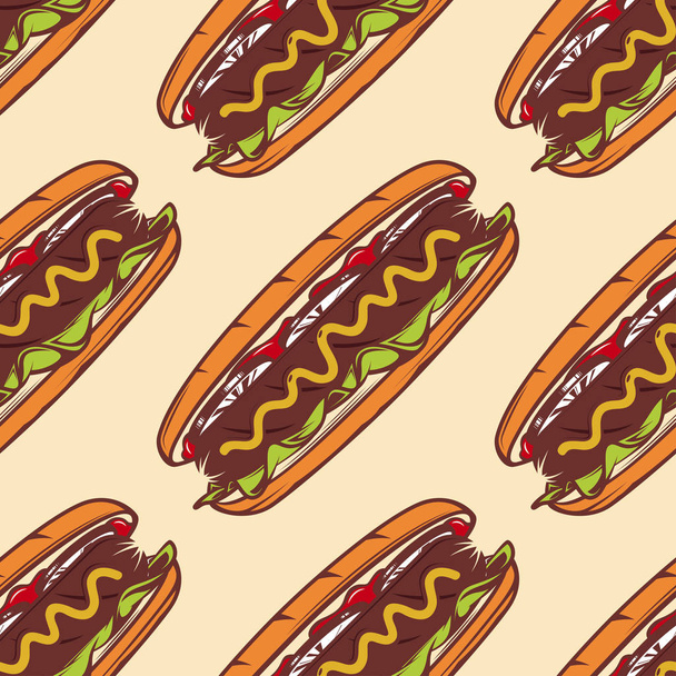 Colorful seamless pattern with hot dog, vector background for fast food - Διάνυσμα, εικόνα