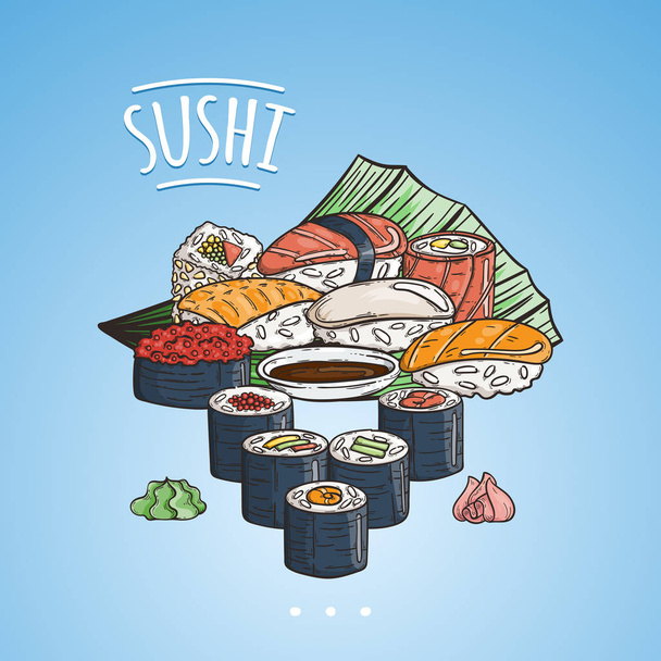 Doodle japanilainen sushi ja rullina
  - Vektori, kuva
