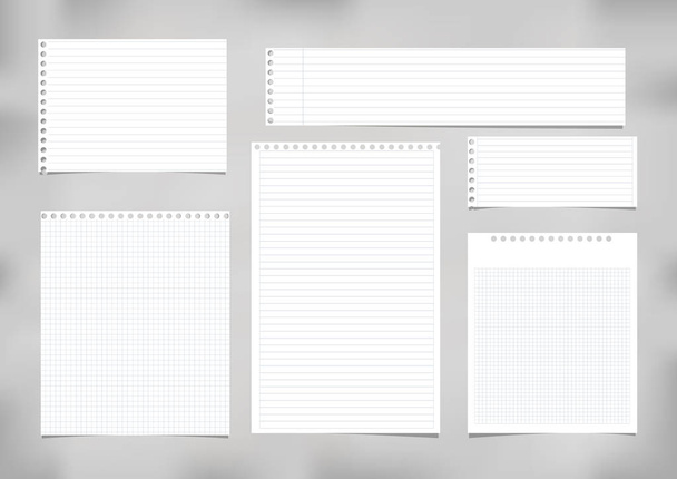 Wit gestreept, regeerde, kwadraat opmerking, beurt, notebookpapier geplakt op grijze achtergrond. - Vector, afbeelding