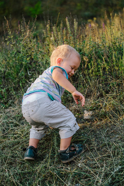 Un garçon marche sur une clairière dans l'herbe
 - Photo, image