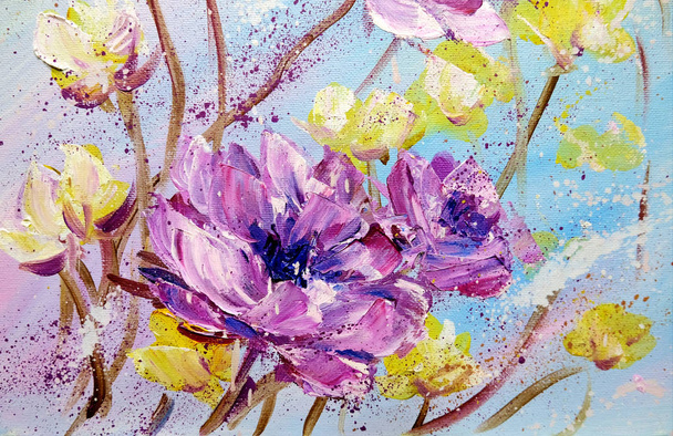 Hand painted Purple and Yellow flowers - Fotó, kép