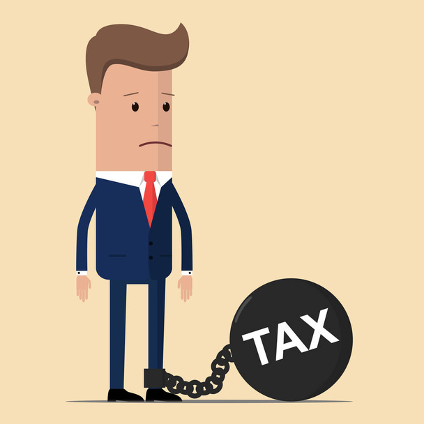 businessman or manager chained to his big heavy debt weight with shackles. Businessman corporate slavery concept. Businessman and tax burden, business concept - Vector, Image