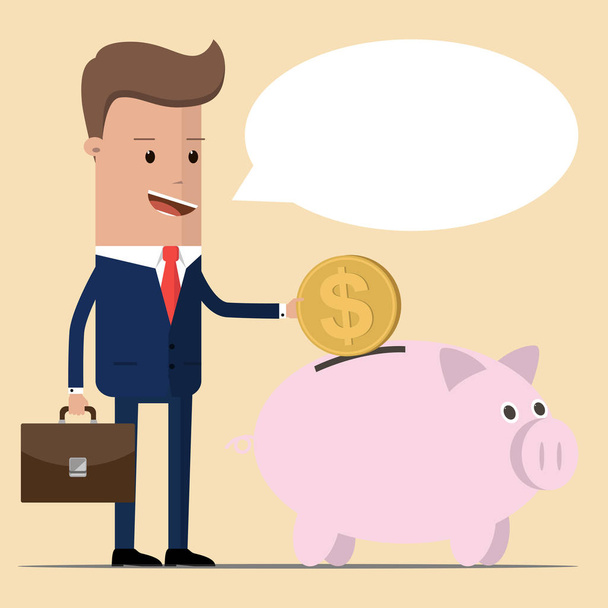 Empresario o gerente pone una moneda de oro en una alcancía de cerdo rosa. Ahorra dinero. Vector, ilustración
 - Vector, imagen