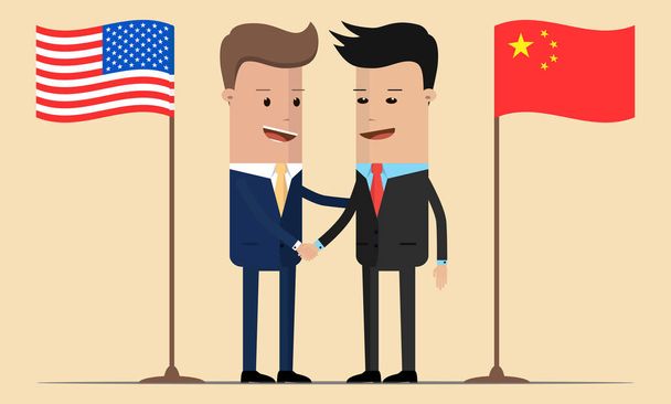 Δύο επιχειρηματίες χειραψία δίπλα από τις αμερικανικές και κινεζικές σημαίες - Διάνυσμα, εικόνα