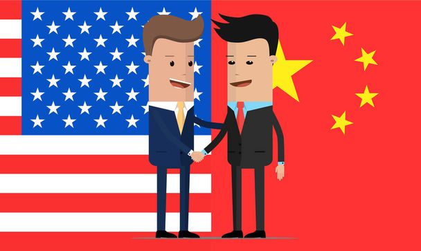 zwei Geschäftsleute beim Händedruck neben der amerikanischen und chinesischen Flagge - Vektor, Bild