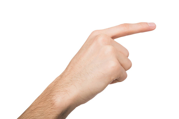 Mano masculina apuntando al objeto con el dedo índice aislado en blanco
 - Foto, Imagen