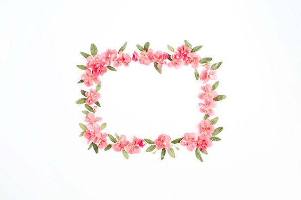ピンクのアジサイの花の作られたテキストのためのスペースと花のフレーム - 写真・画像