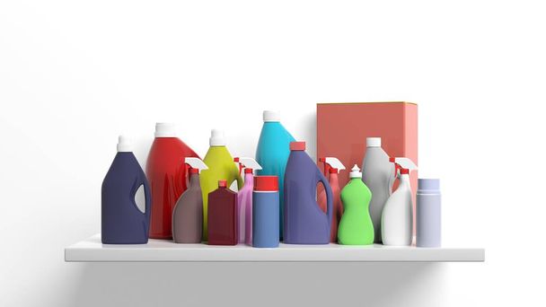 Grupo de productos de limpieza en un estante. ilustración 3d
 - Foto, Imagen