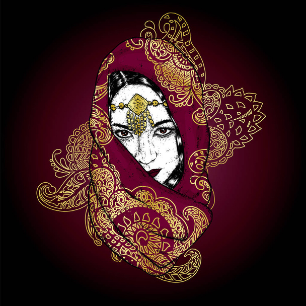 Beautiful oriental girl in a scarf with patterns. Vector illustration for a postcard or a poster. - Vetor, Imagem