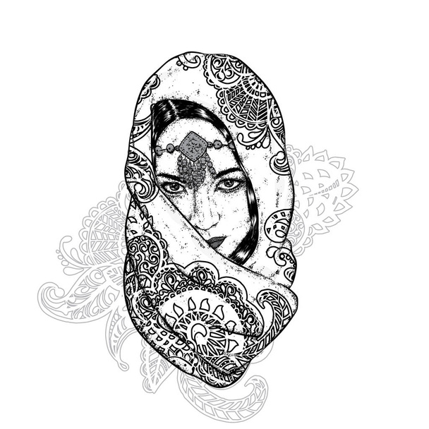 Beautiful oriental girl in a scarf with patterns. Vector illustration for a postcard or a poster. - Vector, Image