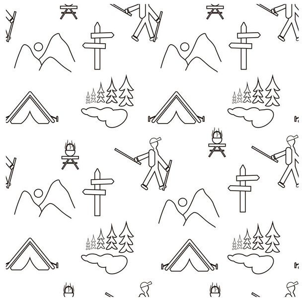 Seamless  monochrome pattern with tourist, forest, lake, mountain, hills, tent - Vector, Image