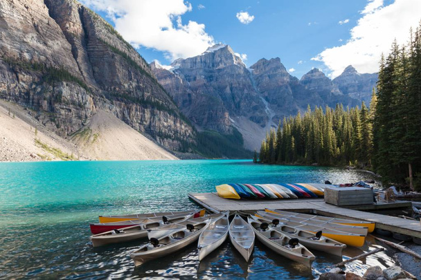 Canoas at Moraine Lake Banff National Park Alberta Canada - Photo, Image