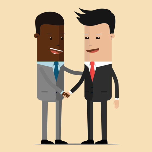 Meeting of two businessmen and business handshake. meeting of the two politicians, diplomats, partners or friends greeting with a handshake. Chinese, Japanese or Korean and Aframerican businessman - Vector, Image
