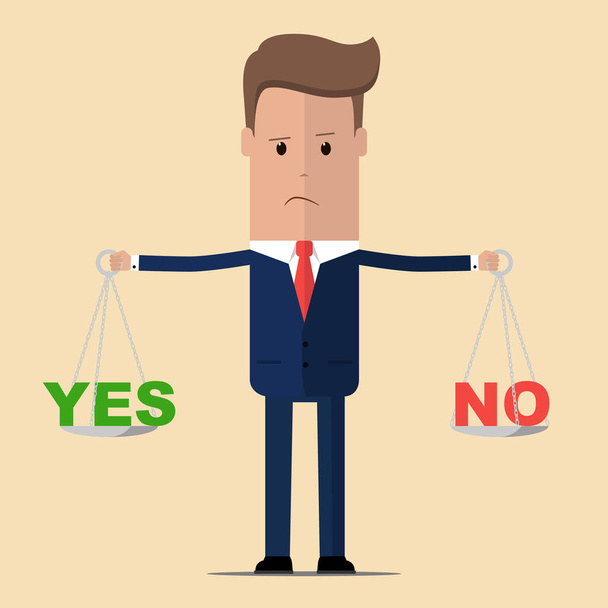 Businessman with words yes or no in balance. Business concept . Vector illustration - Вектор,изображение