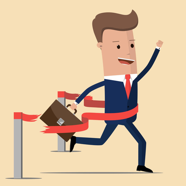 Concept of successful businessman in a finishing line.  Businessman victory with hands up run toward red ribbon tape finish. Concept business illustration. - Vector, Image
