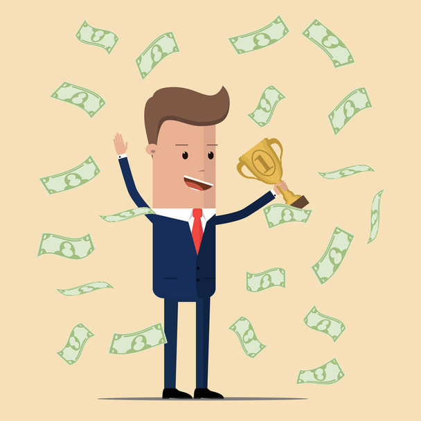 Feliz hombre de negocios sosteniendo una taza en su mano con un montón de billetes de dólar vuelan en el aire. ilustración vectorial
 - Vector, imagen
