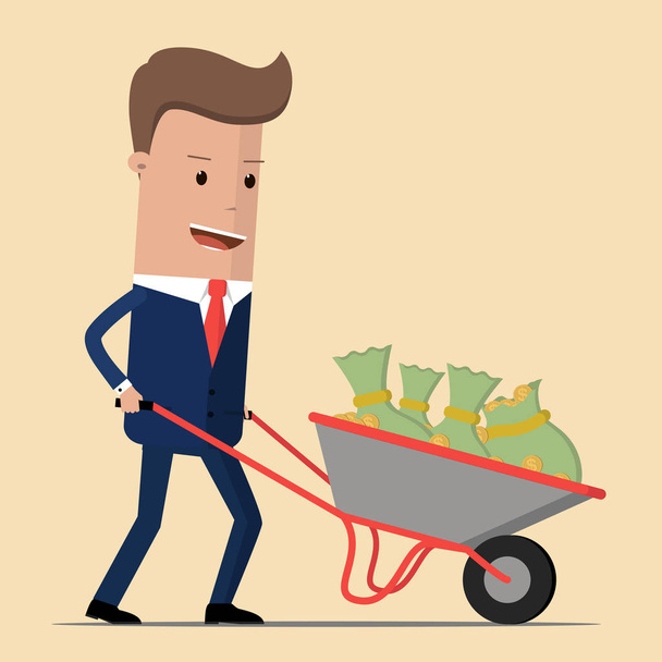 Gelukkig zakenman of manager gaat met een kruiwagen vol met contant geld. vectorillustratie - Vector, afbeelding