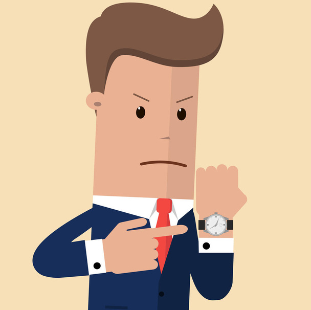 manager is angry pointing finger to his wristwatch showing the time that is already late. businessman angry and show deadline to employee, time management concept vector illustration - Vector, Image