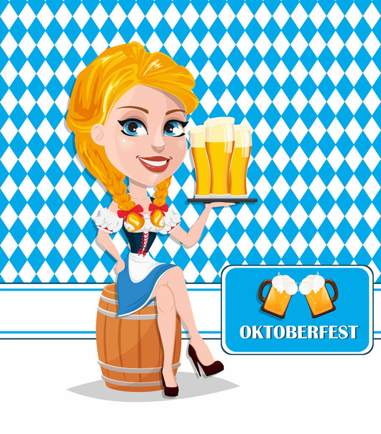 Oktoberfest flyer avec sexy rousse fille assis sur baril et h
 - Vecteur, image