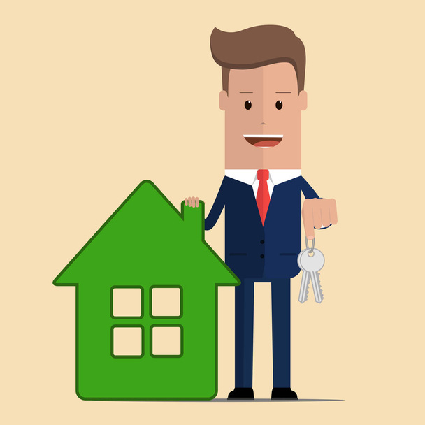 Businessman standing next to the house with keys in hand. Vector illustration - Vector, Image