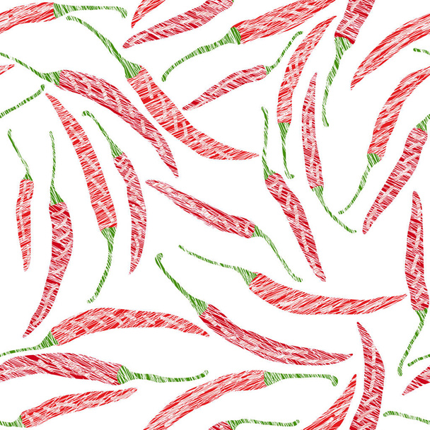 Red hot chili peppers. Scratched seamless pattern. - Vektör, Görsel