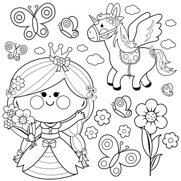 Princess fairy tale set. Black and white coloring page vector illustration - Vektor, Bild