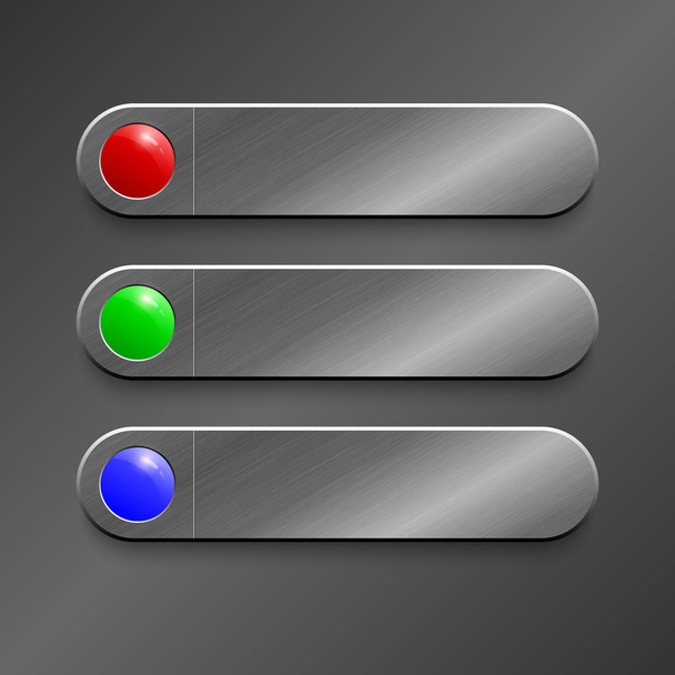 Red, Green, Blue Button On Realistic Metallic Surface Texture Ba - Vector, afbeelding