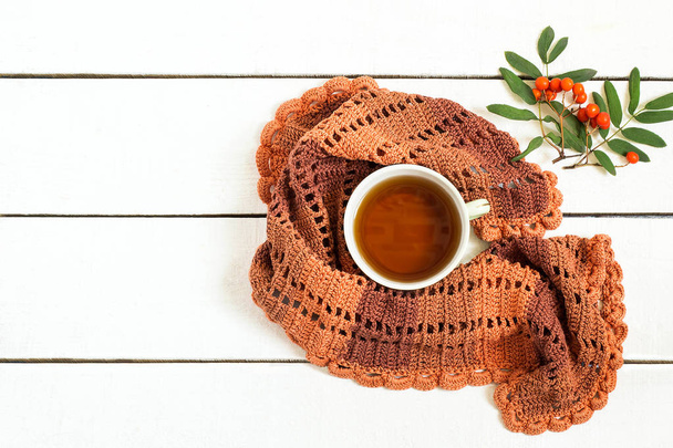 Tasse de thé, foulard tricoté et branche de rowanberry
  - Photo, image