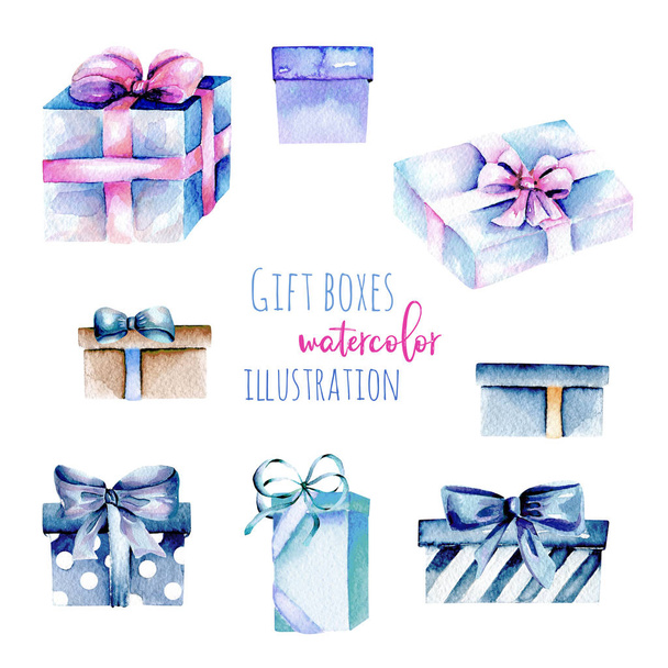 Set von aquarellfarbenen blauen Geschenkboxen - Foto, Bild