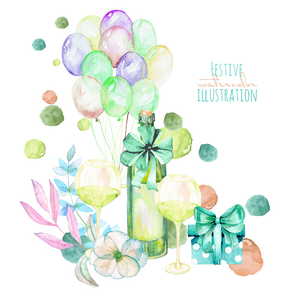 Святкова ілюстрація з акварельною подарунковою коробкою, повітряними кулями, пляшкою шампанського, келихами для вина та квітковими елементами в зелених тінях
 - Фото, зображення