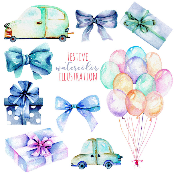 Holiday set of watercolor gift box, air balloons, cars, bows, wine glasses in blue shadows - Photo, Image