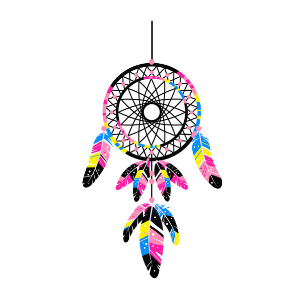 Dreamcatcher met veren, edelstenen. Kaart met kunst, astrologie, spiritualiteit, magische symbool. Etnische tribal element. - Vector, afbeelding