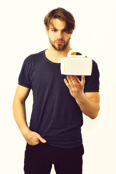 Caucasian sexy young macho holding male box - Photo, Image