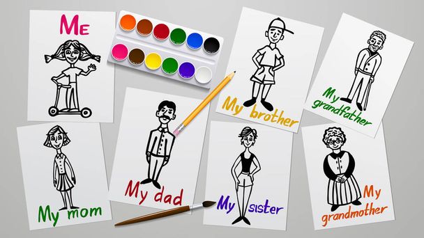 Drawing and creativity. My family. Father, mother, grandparents, siblings and me. Figures on paper. The paint tools. Working plane and background. Vector Image. - Vector, Image