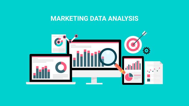 Análise de dados de marketing, Big Data Marketing, Análise de negócios banner vetorial plano
 - Vetor, Imagem