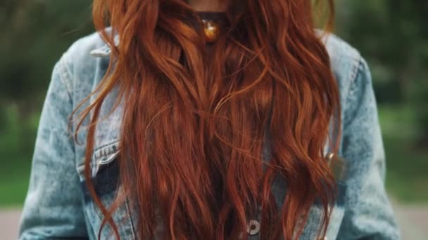 aistillinen lähikuva muotokuva kaunis punatukkainen tyttö kesäpuistossa. 20s
 - Materiaali, video