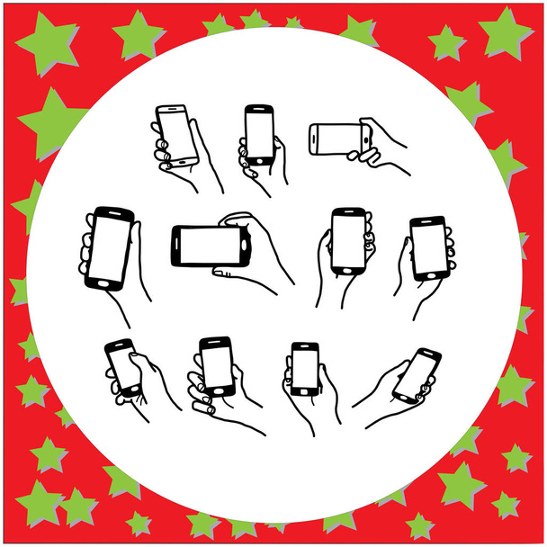 набір рука тримає смартфон Векторна ілюстрація ескізна рука намальована чорними лініями, ізольована на білому фоні
 - Вектор, зображення
