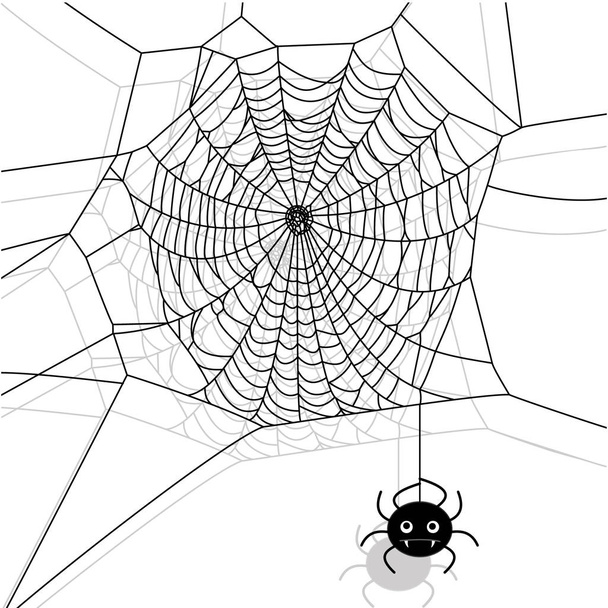 Vector spider web and small spider on white background. Cartoon illustration. - Vector, Image