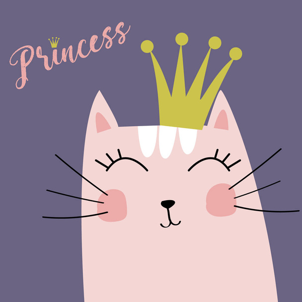 Cute Kitten with Crown and Inscription Little Princess Vector - Vektör, Görsel