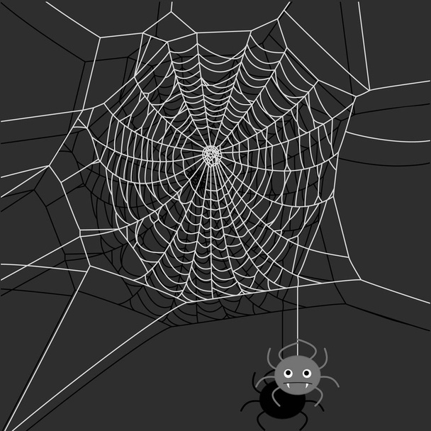 Vector spider web and small spider on dark background. Cartoon illustration. - Vector, Image